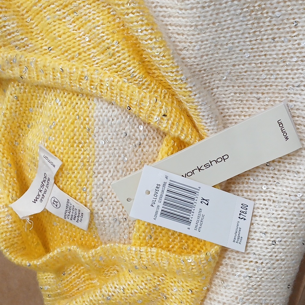 NWT Workshop Andrea Jovine Yellow White Sweater with Sparkly Sequin details / 2X - Picture 9 of 9